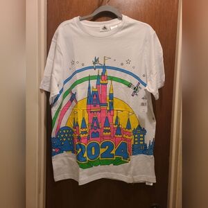 Disney Park 2024 Neon Magic Kingdom Castle White T-Shirt New Size Large L.